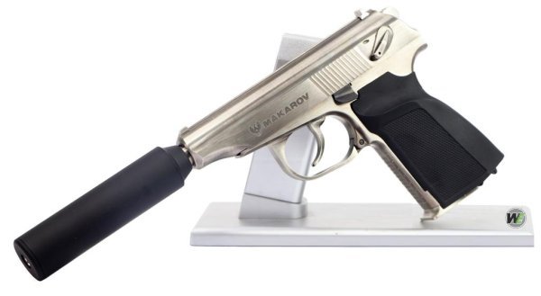 WE GBB MAKAROV WITH SUPRESSOR BLOWBACK AIRSOFT PISTOL SILVER