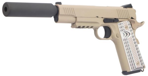 WE GBB 1911 M45A1 WITH SILENCER BLOWBACK AIRSOFT PISTOL TAN COMBO