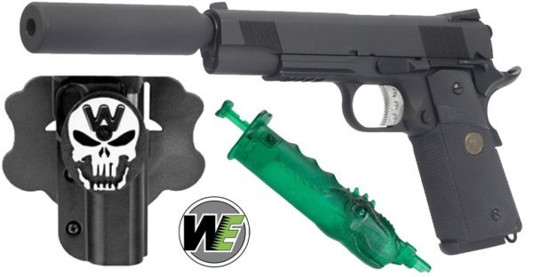 WE GBB 1911 M.E.U. RAIL WITH SILENCER AIRSOFT BLOWBACK PISTOL BLACK COMBO