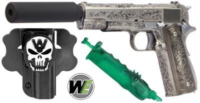 WE GBB 1911 PATTERN FILIGREE WITH SIELENCER BLOWBACK AIRSOFT PISTOL SILVER COMBO Arsenal Sports