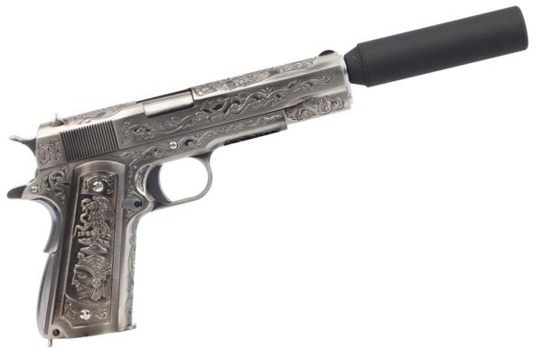 WE GBB 1911 PATTERN FILIGREE WITH SIELENCER BLOWBACK AIRSOFT PISTOL SILVER COMBO