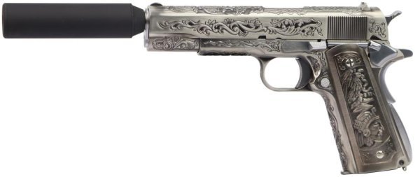 WE GBB 1911 PATTERN FILIGREE WITH SIELENCER BLOWBACK AIRSOFT PISTOL SILVER COMBO
