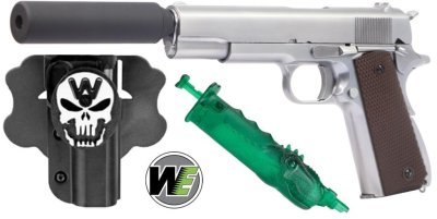 WE GBB 1911 MATTE WITH SILENCER BLOWBACK AIRSOFT PISTOL CHROME CHECKER GRIP COMBO Arsenal Sports