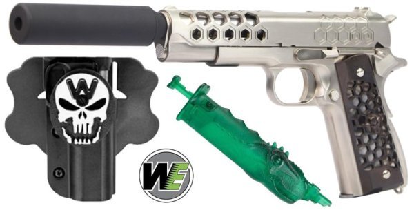 WE GBB 1911 GEN2 HEX CUT WITH SILENCER BLOWBACK AIRSOFT PISTOL CHROME COMBO