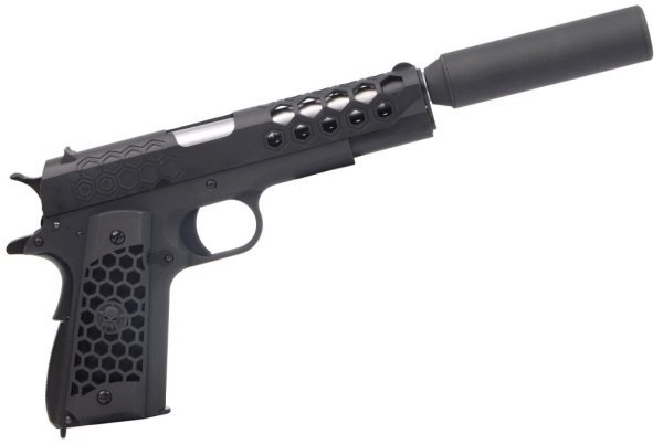 WE GBB 1911 GEN2 HEX CUT WITH SILENCER BLOWBACK AIRSOFT PISTOL BLACK COMBO