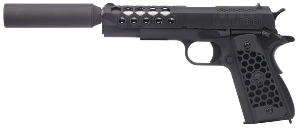 WE GBB 1911 GEN2 HEX CUT WITH SILENCER BLOWBACK AIRSOFT PISTOL BLACK COMBO
