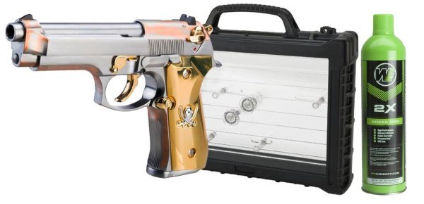 WE GBB M92 SKULL BLOWBACK AIRSOFT PISTOL SILVER / GOLD COMBO